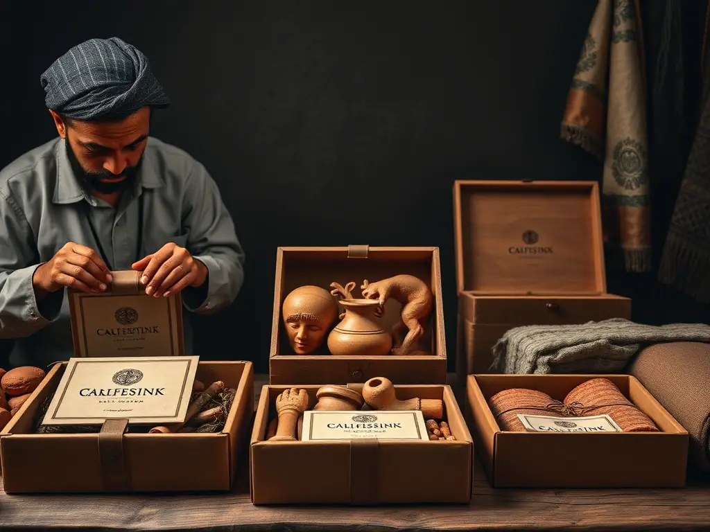 An image showcasing a variety of handcrafted items being carefully wrapped and packaged in decorative, custom-branded boxes, emphasizing the company's attention to detail and presentation.
