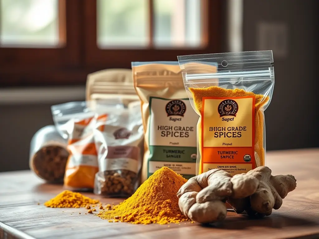 A close-up shot of spices being carefully packaged in a custom-designed, airtight container, showcasing the attention to detail in maintaining freshness and quality.
