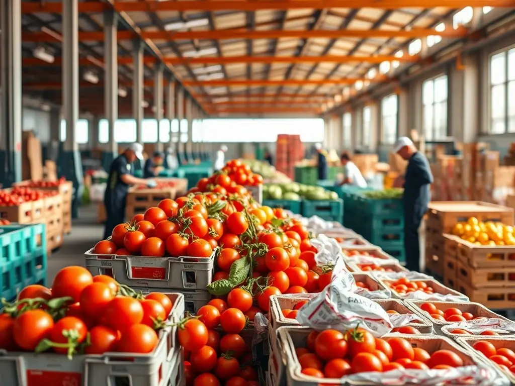 A photograph of fresh vegetables being sorted and packed in eco-friendly, custom-sized boxes, highlighting the company's commitment to sustainability and quality control.