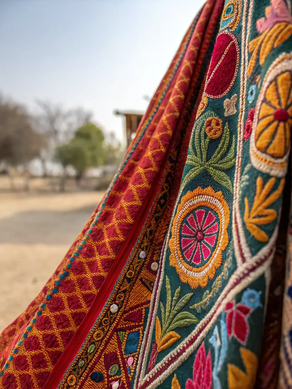 A detailed photograph of various traditional Indian textiles, such as sarees, scarves, and fabrics, showcasing intricate patterns and vibrant colors, highlighting the quality and craftsmanship of PAVITHRA Global EXIM's textile range.