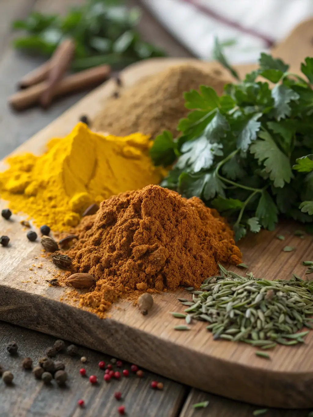A vibrant photograph showcasing an assortment of colorful Indian spices, including turmeric, chili powder, and cumin, arranged in small bowls on a wooden table, highlighting the freshness and aroma of PAVITHRA Global EXIM's spice collection.