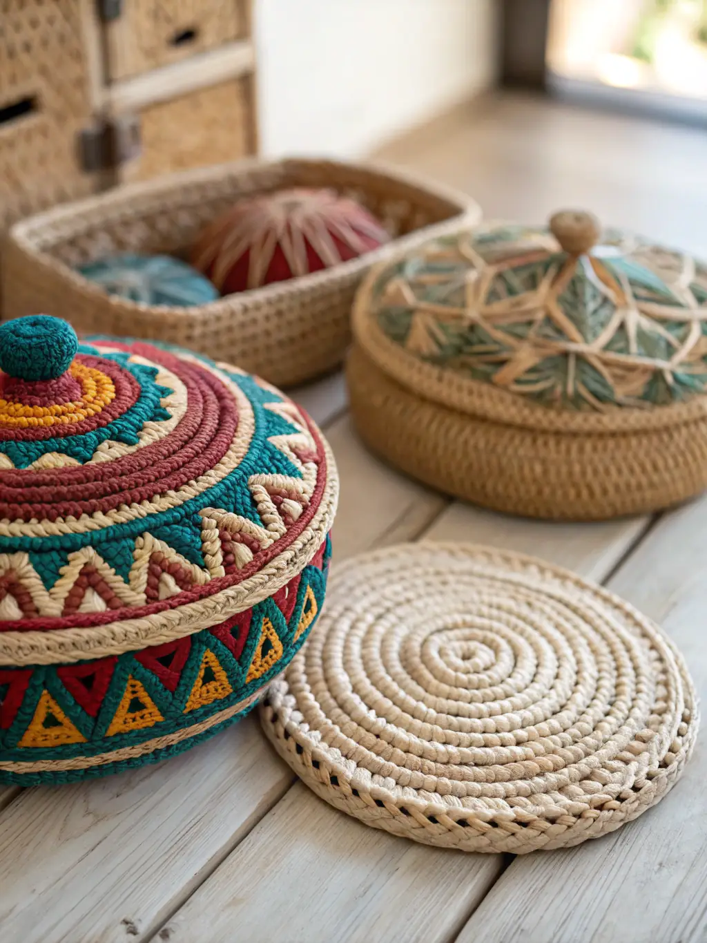 A beautifully lit image of handcrafted Indian artifacts, including wooden carvings, pottery, and textiles, displayed on a shelf, showcasing the artistry and cultural heritage of PAVITHRA Global EXIM's handicraft collection.