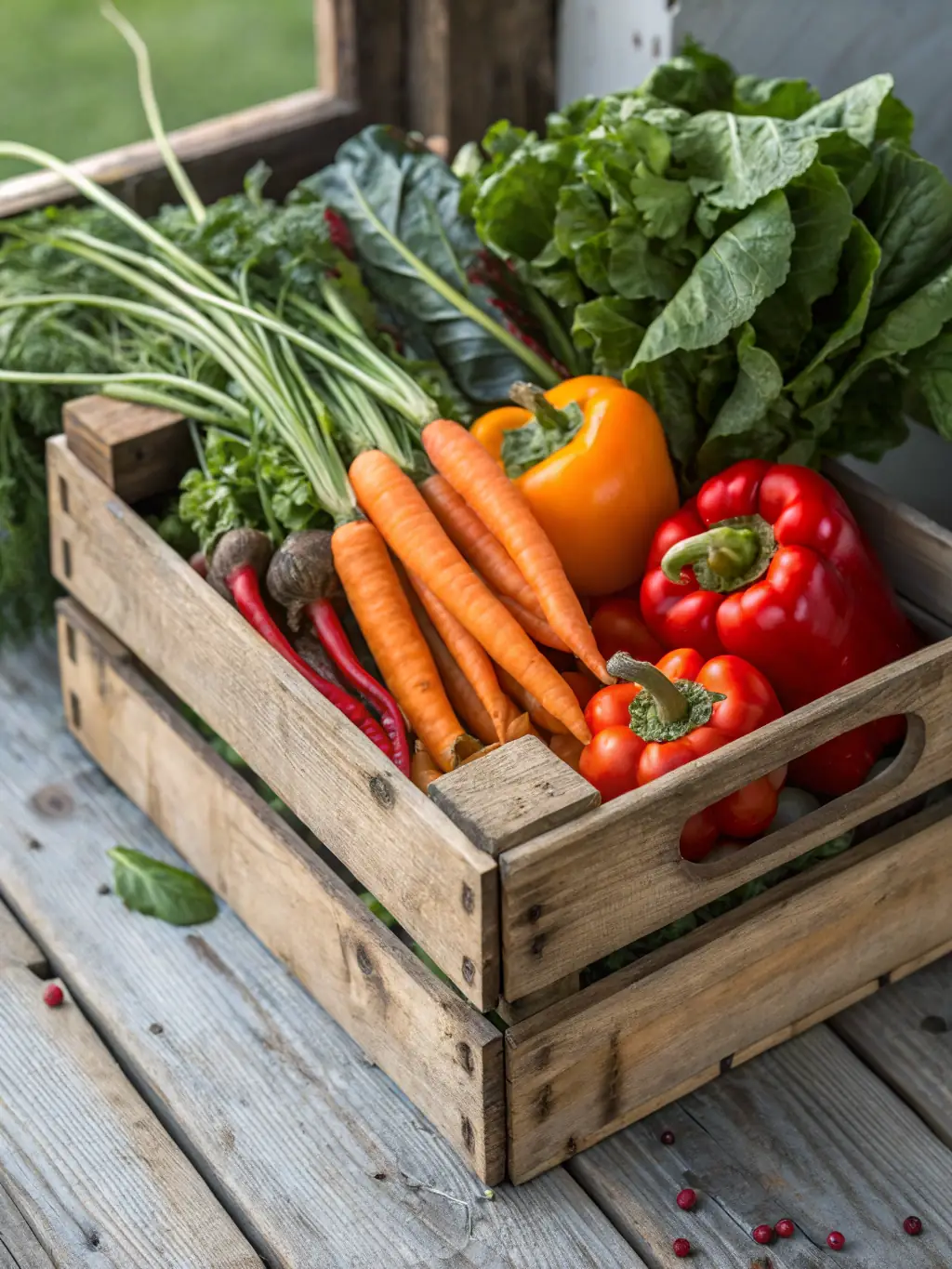 A close-up shot of freshly harvested organic vegetables, such as tomatoes, carrots, and leafy greens, displayed in a rustic wooden crate, emphasizing the quality and freshness of PAVITHRA Global EXIM's vegetable offerings.